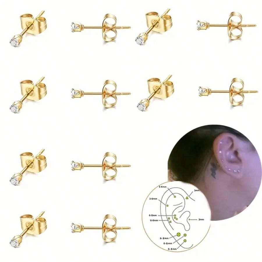 6 pares de pendientes de garra de 2 mm, pendientes de moda de acero inoxidable hipoalergénicos con circonita sintética, set de joyas unisex con múltiples orificios, pequeños y brillantes pendientes de hueso para Navidad, Carnaval, Festival de Primavera
