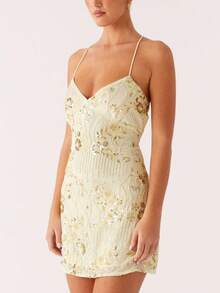 Womens Sequin Mini Dress Y2k Sparkly Floral Spaghetti Strap V Neck Bodycon Short Dress Sexy Backless Pearl Embellished Glitter Rhinestone Going Out Cami Dress Cocktail Party Club Streetwear - 黃色 - 查看 6