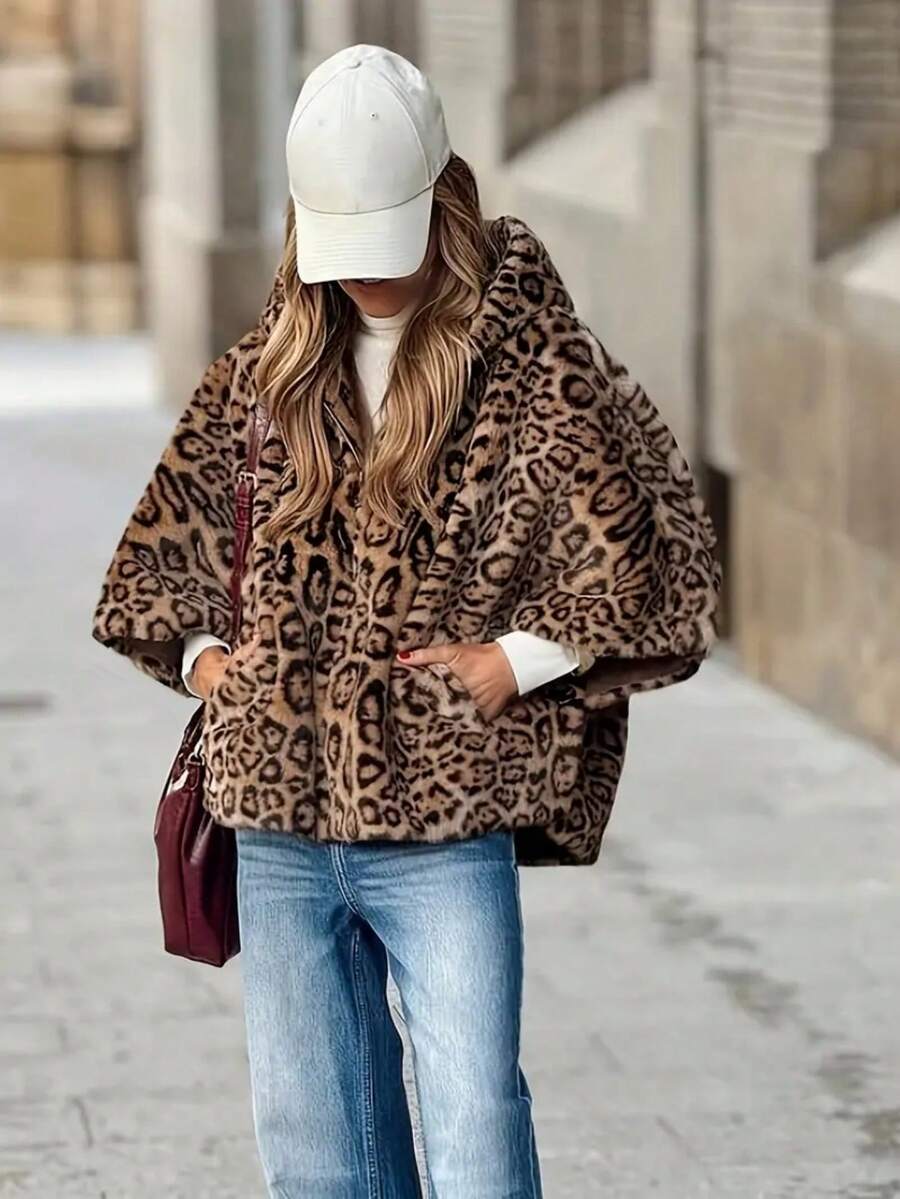Chaqueta con capucha de manga larga con bolsillos con cremallera de estampado de leopardo, para uso casual en otoño/invierno - Multicolor - Ver 1