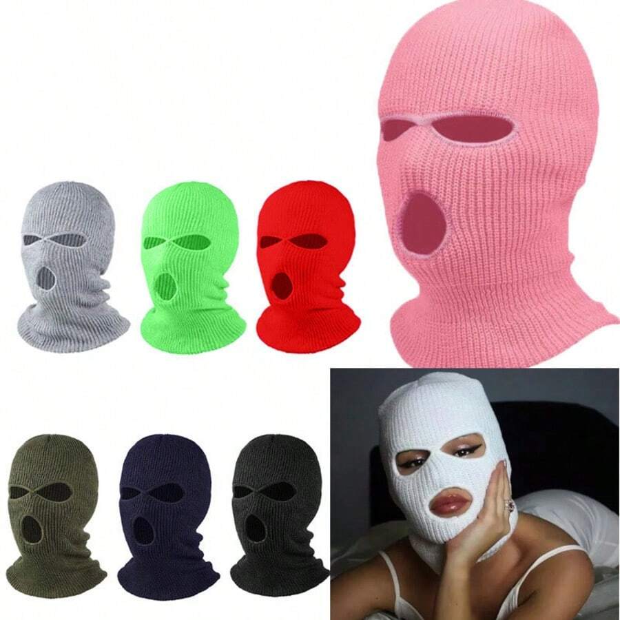 1pc New Style Winter And Autumn Thick Knitted Beret With Windproof Head Cover, Knitted Hat With 3-Hole Needlework In Wool Yarn, Head Covering For Cycling And Outdoor Use With Windproof Face Mask - Multicolor - View 1