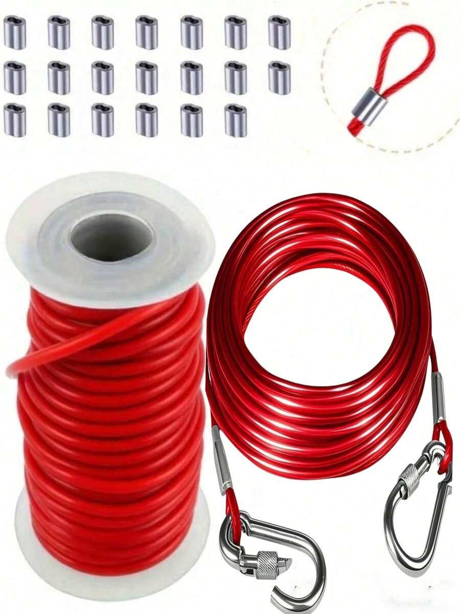 Bộ dây cáp thép không gỉ mạ đồng 20m/30m với 2 móc thép không gỉ và lớp phủ PVC, lý tưởng để lưu trữ và sắp xếp, dây phơi quần áo, lưới che nắng, dây lều - Đỏ - Xem 1