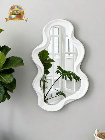 SESE HOME - 1 pieza Espejo asimétrico montado en la pared, espejo de escritorio/colgante de pared con forma de nube para dormitorio de estudiante, espejos decorativos creativos y únicos, espejo ondulado de 41 cm x 25 cm con borde asimétrico blanco para baño, sala de estar, decoración del hogar, tocador, salón, dormitorio, baño, decoración del hogar, boda