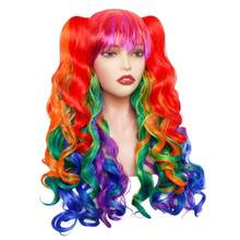 Rainbow Wig With 2 Curly Ponytails Long Curly Cosplay Wig Detachable Pigtails Wigs For Women Halloween Costume Partygift - Cầu vồng - Xem 2