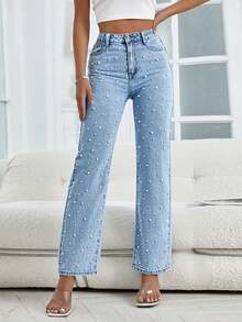 Street Women's Beaded Craft Slim Denim Straight Leg Pants.(Small Fit. Order One Size Up For Comfort.) - Rửa nhẹ - Xem 11