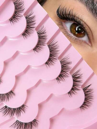 Hinarin 7 Paar halbe Wimpern aus Kunstmink mit feinem Flaum, durchsichtiges Band, Katzenaugen-Look, natürliches Aussehen, falsche Wimpern für Partys und tägliches Make-up