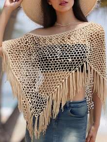 Women Sequin Knit Poncho Fringe Hem Off Shoulder See-Through Crochet Cape Sheer Shrug Lightweight Beach Cover Ups - 棕色 - 查看 8