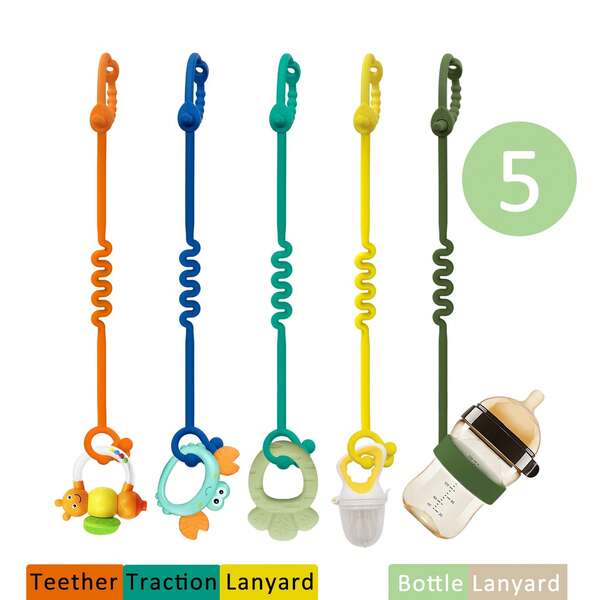 Set de 5 piezas, juguetes de empujar y tirar para bebé, 4 cuerdas de sujeción para accesorios de andador y 1 cuerda de sujeción para biberón, cuerdas de sujeción de silicona adecuadas para asegurar en el andador de bebé, evitar que el bebé los tire, apto para +18 meses