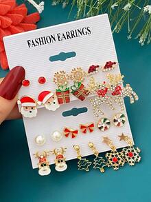 12-36pcs Metal Rhinestone Christmas Santa Claus, Bow, Snowflake, Reindeer Pendant Earrings Set, Unique Jewelry Accessories For Women, Suitable For Christmas, Party, Events