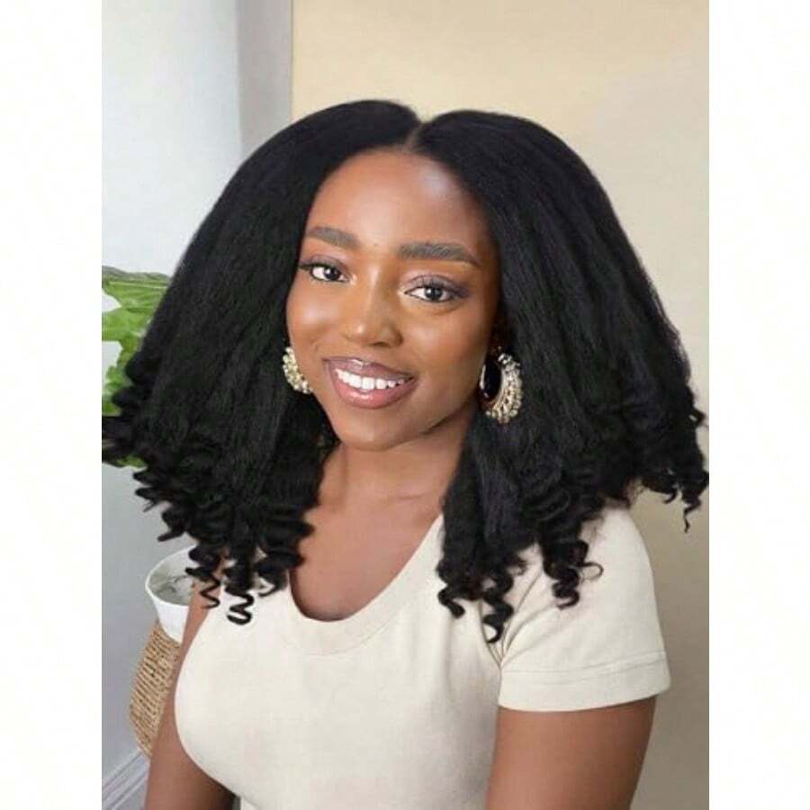 DKinky Straight Wig With Curly Ends HD Lace Front Wigs With  Hair Afro Curly Soft Synthetic Kinky Straight Wig For Black Women10 - 淫覺黑色 - 查看 1