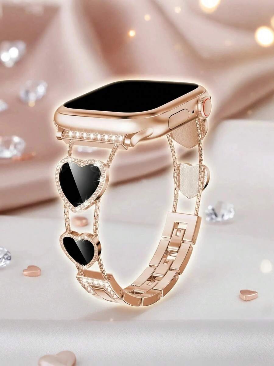 Slim Metal Bands Compatible With Apple Watch Bands For Women 38/40/41/42/44/45/46/49mm, Cute Heart-Shape Sparkle Diamond Stainless Steel Strap For I Watch Series SE/10/9/8/7/6/5/4/3/2/1
