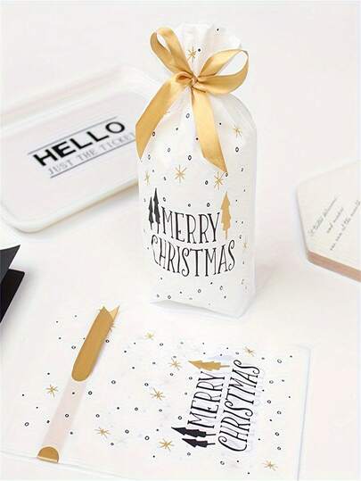 10/30/50 szt., świąteczne torebki prezentowe ze ściągaczem, świąteczny motyw złotej choinki, plastikowe woreczki do pakowania prezentów na święta