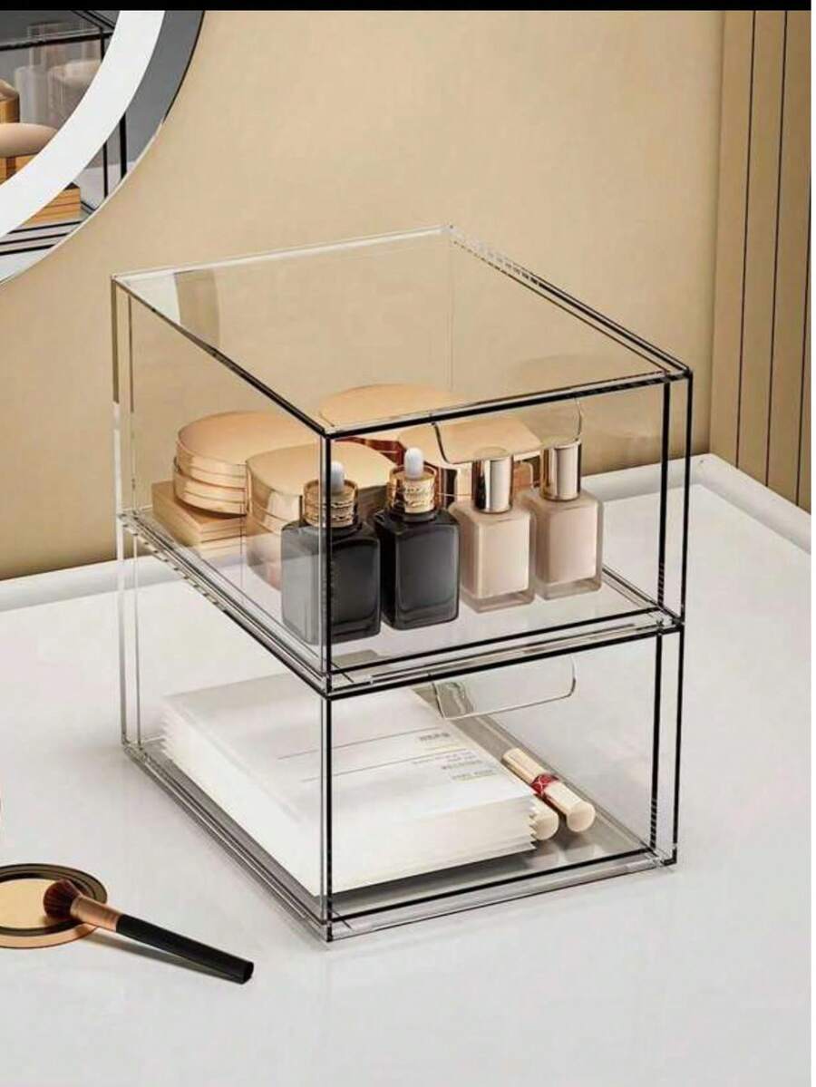 1pc/2pcs Transparent Stackable Drawer Organizer Box, Dust-Proof Storage Box For Cosmetics, Sundries, Snacks, Desktop Organization - Clear - View 1