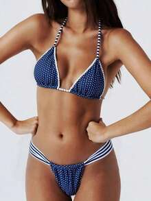 Ladies' Swimsuit Sexy Fashion Blue Two Pieces Swimsuit Lace White Bead Accessories Summer Beach Bikini Set Random Print