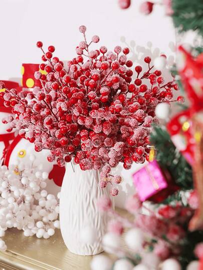 10/20 piezas Tallos artificiales de baya de nieve, ramas de acebo con bayas rojas con escarcha de nieve, tallo artificial de baya roja con escarcha de nieve para decoración de árboles, manualidades navideñas, decoración del hogar, decoraciones navideñas, decoración de habitaciones Navidad