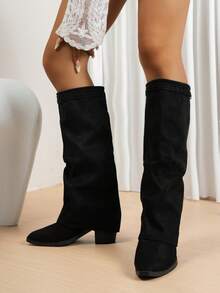 Fall/Winter Women's Fashion Folded Wedge Heel Knee-High Boots With Shark Buckle Decor, Sexy Outdoor High Heel Long Boots - Black - View 5