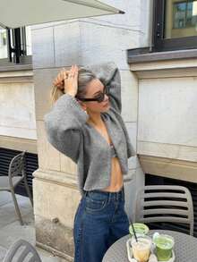 Senya 女士秋冬新款燕麦色V领长袖针织开衫，优雅休闲宽松直筒袖套头衫，适合日常、度假、约会、毕业典礼、返校等场合穿着。 - 灰色 - 查看 2