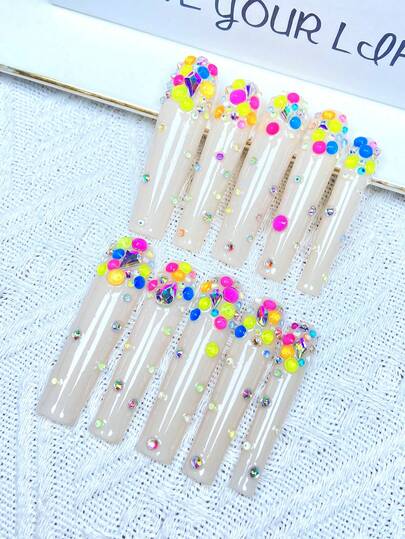 10 szt. Y2K, bardzo długie paznokcie, wielokolorowe, nakładane, pełne pokrycie, sztuczne paznokcie, ręcznie robione, nakładane, z błyszczącymi kryształkami 3D, cekinami, akrylowe paznokcie z zestawem wzorów, idealnie dopasowane i naturalne, wielokrotnego użytku, 1 szt. żel żelowy/1 szt. mini paski polerujące, odpinany zestaw nakładanych, odpowiednie dla kobiet i dziewcząt na przyjęcia świąteczne i do codziennego użytku, produkty do paznokci