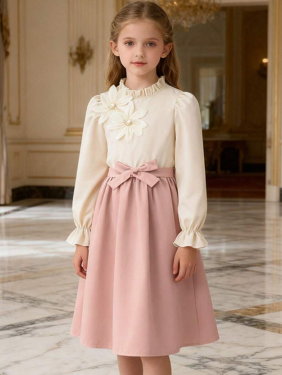 Girls' Elegant 3D Floral Beaded Design Ruffle Collar Long Sleeve Dress, Contrast Ruffle Hem And Decorative Waistband, Suitable For Spring And Autumn - Pink - View 1