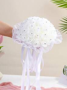 1件装奢华新娘捧花，水晶水钻缎带蝴蝶结人造玫瑰花，婚礼新娘手抛花，伴娘捧花，教堂仪式，求婚，舞会玫瑰蕾丝缎带拍照道具，情人节配饰