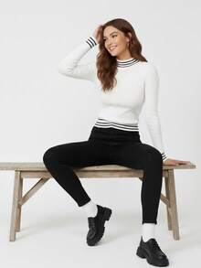 Sueter mujer cuello alto rayas finas contraste horizontales bicolor ajustado tejido de punto corte recto manga larga casual moderno excelente calidad suave transpirable ideal clima templado fresco elegante resalta  figura basico  otoño invierno primavera colores neutros femenino diario - Blanco - Ver 3