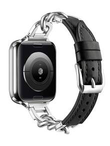 Silver Metal & Black Leather Hybrid Apple Watch Band, Compatible With Apple Watch Ultra/Series 3/SE/Series 8/7/6/5/4/3/2/1, Fashionable And Personalized Gift For Young Men And Women, 38mm/40mm/41mm/42mm/44mm/45mm/46mm/49mm