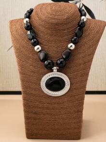 1pc Retro Western Bohemian Oversized Red Beaded Oval Pendant Metal Chain Necklace