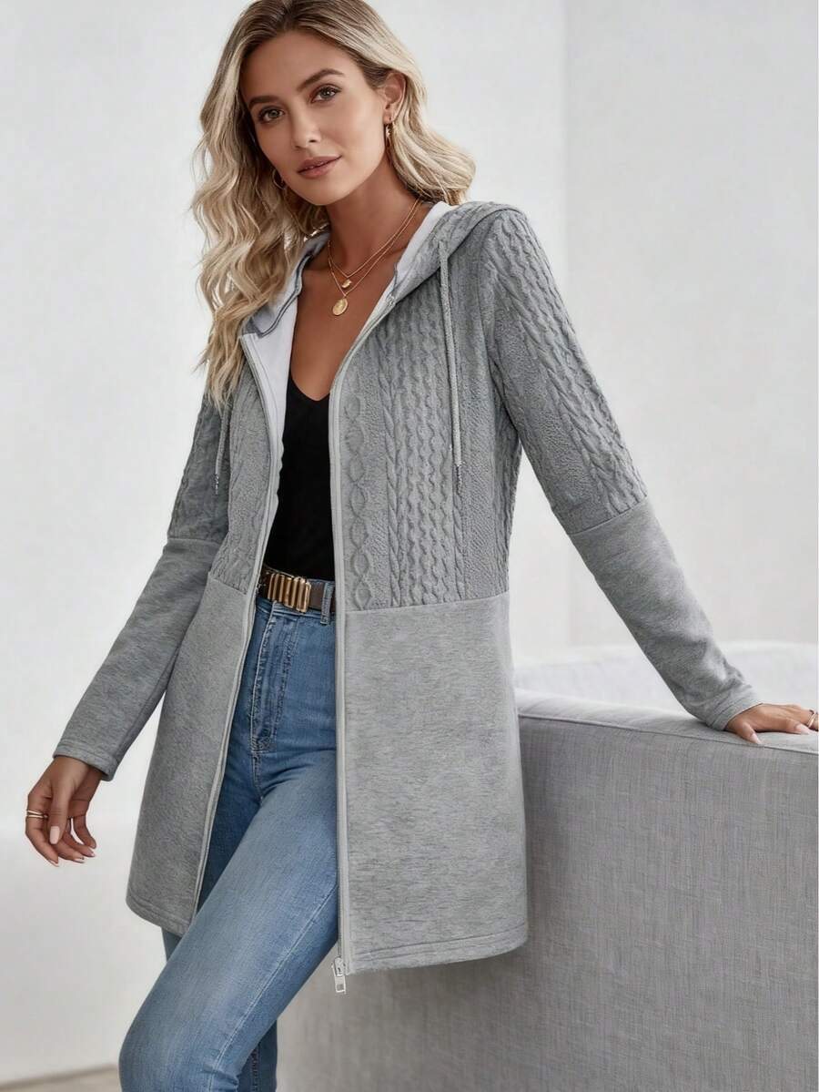 Women's Fall Winter Stylish Casual Hooded Cardigan - Solid Color Minimalist Design, Perfect For Daily Wear - Light Grey - View 1