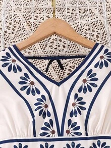 Left Mama Girls Elegant Floral Print Long Sleeve White Dress, Spring/Autumn - White - View 3