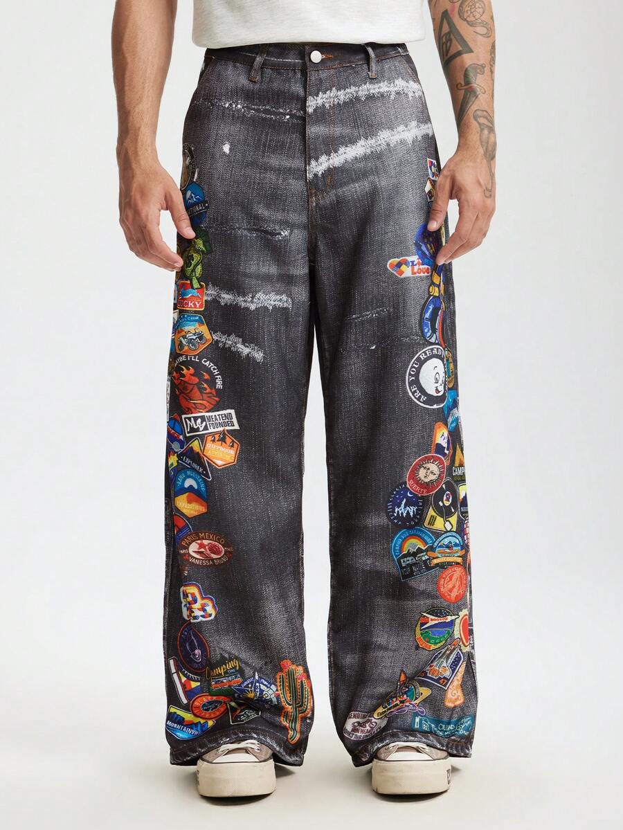 INFLATION Pantalones rectos de estilo vaquero con bolsillos y estampado, ajuste europeo, para hombres de talla grande - Negro - Ver 1