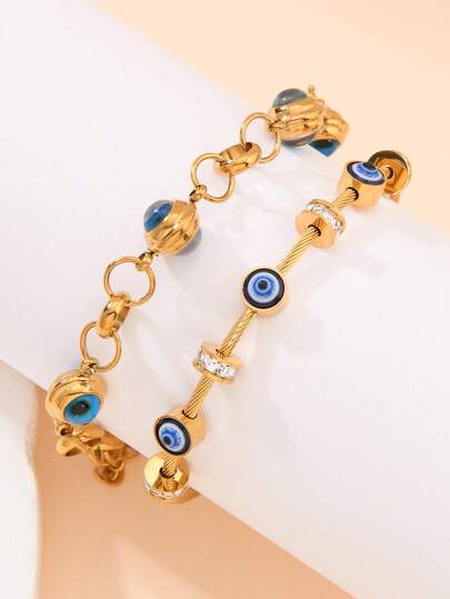 Conjunto de 2 peças de pulseiras com pingentes de olho do diabo, estilo gótico vintage ocidental, aço inoxidável, joias empilháveis para mulheres e homens, pulseiras de casal com mau-olhado, joias para presente