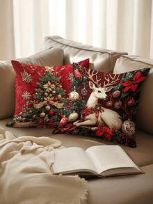4pcs/1pc Bright Red Christmas Holiday Pillow Cover - Santa Claus, Reindeer, Christmas Tree And Holiday Decorations Design, 18x18 Inches | Zipper Closure | Bright Color Polyester Material | For Living Room, Room Decoration, Sofa And Bedroom (Filling Not Included) Great For Christmas Decorations, Christmas Party, Bedroom Decor, Home Decor - Multicolor - View 6