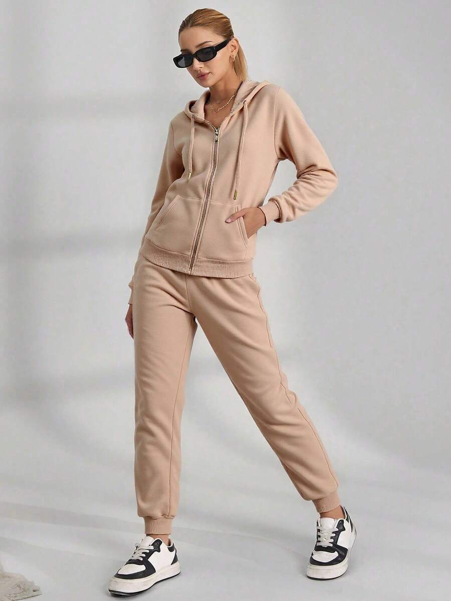 Conjunto casual 2 piezas con sudadera, gorro, cordones y pantalón con bolsillos - Rosa Pálido - Ver 1