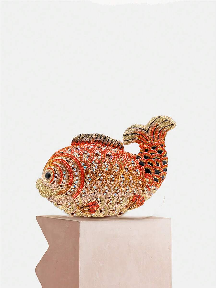 Dazzling, Brilliant, Elegant And Exquisite Super Mini Fish-Shaped Crystal Rhinestone Evening Clutch Bag, Adorned With Designer Exclusive Handmade Metal Crystal Handbag, Comes With Chain And Gift Box, Luxury Jewelry Design Diamond Clutch Bag, Suitable For Formal Occasions Like Gala, Ball, And Party, Perfect Choice For Ladies, Also An Ideal Gift For Wedding, Ball, And Banquet - 橘色 - 查看 1