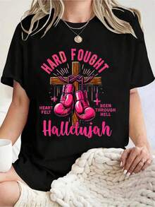 Plus Size Women's Casual T-Shirt Women's Hard Fought Heartfelt Been Through Hallelujah Cross Boxing Gloves Print For Daily Wear And Fitness 220g