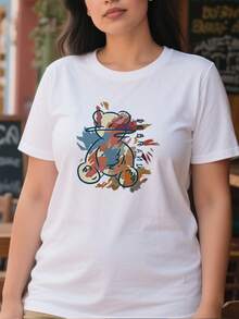 Camiseta casual para mujeres de 220g de algodón puro gruesa y cómoda con diseño de oso de estilo artístico abstracto y letras - Blanco - Ver 2