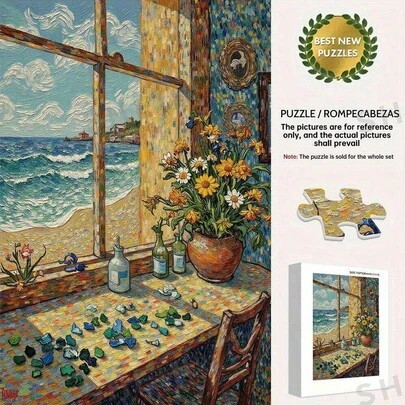 1000 片成人拼图，窗户海边花卉风景，改善情绪和记忆力，增强思维和灵活性，适合游戏之夜 - 具有挑战性的拼图，圣诞礼物 - 生日礼物 - 完美的礼物