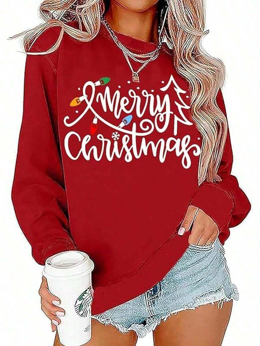 Merry Christmas Sweatshirt For Women - Christmas Pullover Sweatshirts Xmas Holiday Casual Long Sleeve Shirts Tops - Unisex Women & Men's Festival Daily Wear - Same Style For Men And Women - 紅7 - 查看 1