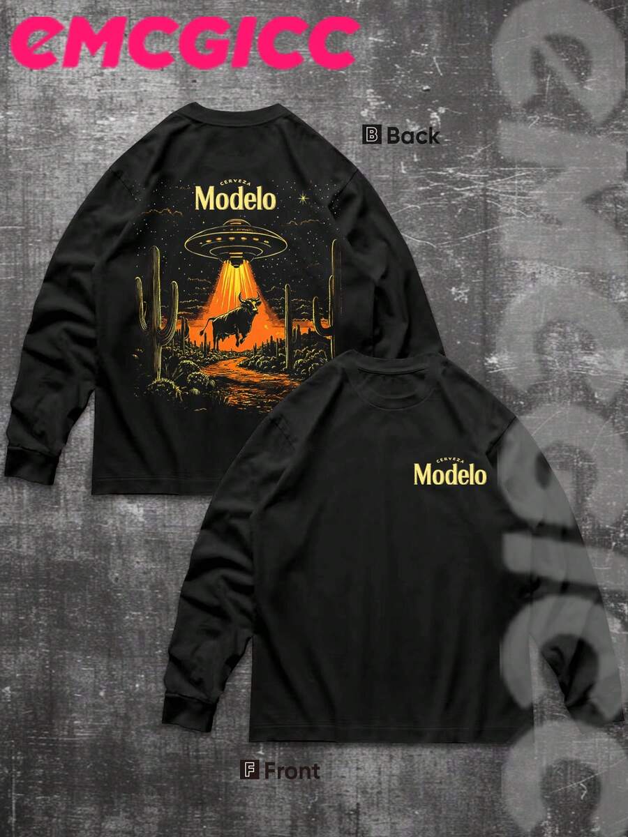 EMCGICC Manfinity Y2k Long Sleeve Shirts ,UFO,Graphic T Shirt Cotton 250g,Fashionable Hip-Hop For Men -  Long Sleeve T-Shirts, Funny Vintage Shirts,Regular Fit, Street Style, Digital Print,  Ideal Gift - 黑色 - 查看 1