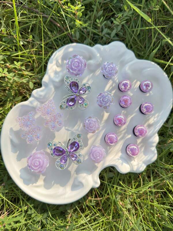 18pcs Purple Rhinestone Butterfly & Teddy Bear Shoe Decorations, Removable DIY Shoe Accessories Suitable For Sandals, Slippers, Garden Shoes, Beach Bags, Gifts, All Seasons