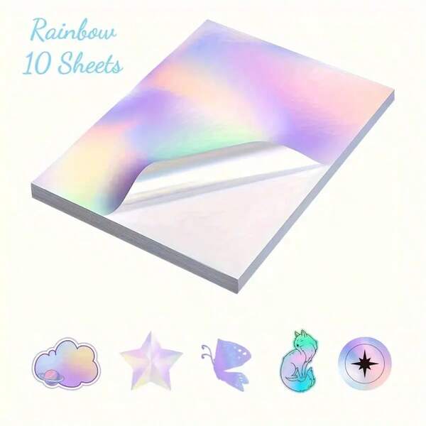 10pcs Holographic Sticker Paper - Waterproof Glossy Printable Paper, Suitable For Inkjet/Laser Printers, For Scrapbooking, Labels, Business Cards, Coupons - Vibrant Rainbow Colors (8.3x11.7 Inches/21x29.5 Cm) - Ideal For Home, Office, Crafts, School, Library, DIY Projects, Creative Printing, Smooth Surfaces, High-Quality Printing, Sticker Paper, Craft Enthusiasts