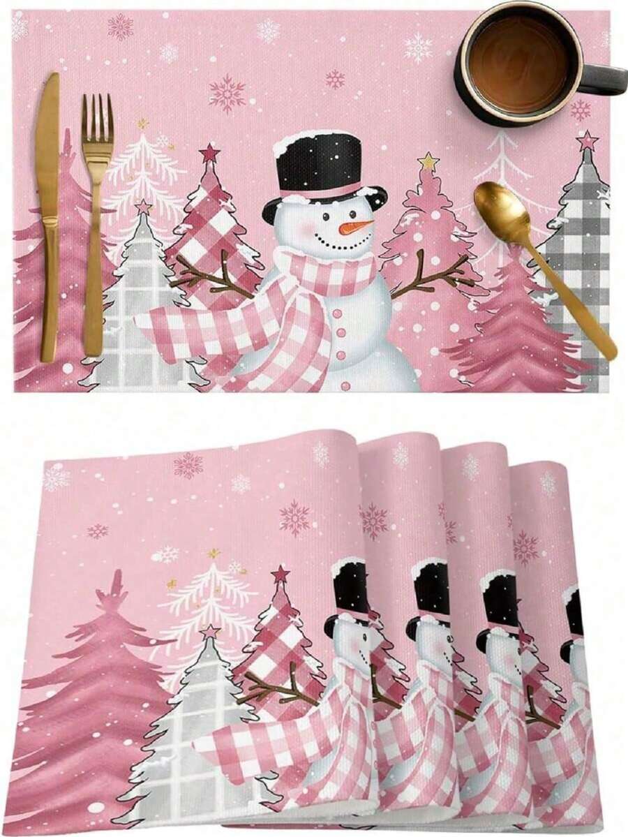 4 pièces Napperons de Noël bonhomme de neige, napperon à carreaux roses et rouges résistant à la chaleur, napperon en lin imprimé à carreaux de Noël, convient pour la cuisine, la salle à manger, les mariages, la décoration de la maison, la décoration intérieure, la décoration de table, les fêtes de Noël, un cadeau idéal