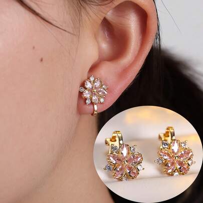 1 Pair Elegant Floral Earrings For Women, Embedded Synthetic Zirconia, High-End Design, Fashionable & Versatile Jewelry