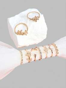 DareSee 9pcs Rhinestone Decor Moon Ring, Stylish Fashion Design Suitable For Daily Wear And Gift Music-Fest Y2K-Fest Back To School Autumn Winter Gifts Music Fest Back To School - Golden - View 2