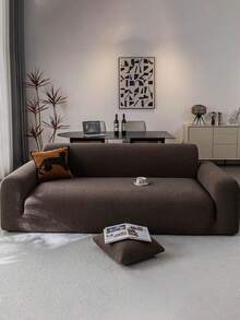 1pc Teddy Plush Sofa Cover, Stretch Multi-Purpose Full Wrap Sofa Slipcover With Geometric Pattern Design, Warm Fuzzy Fabric For Winter, Sofa Protector & Holiday Decor, Includes 1 Pillow Case