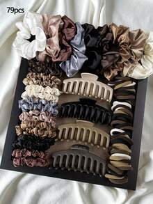 79pcs/Set Maillard Hair Accessories Set: Large Matte Claw Clips, Silk Satin Scrunchies & Seamless Elastic Ties, Versatile Earth Tone Headwear For Women - Multicolor - View 1