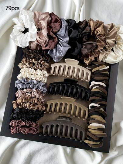 79pcs/Set Autumn/Winter Maillard Elastic Hair Ties, 9/16/50/4 Sizes, Versatile, Non-Damaging, Large Hair Claws, Diverse Hair Accessories, Suitable For All Seasons, Head Accessories