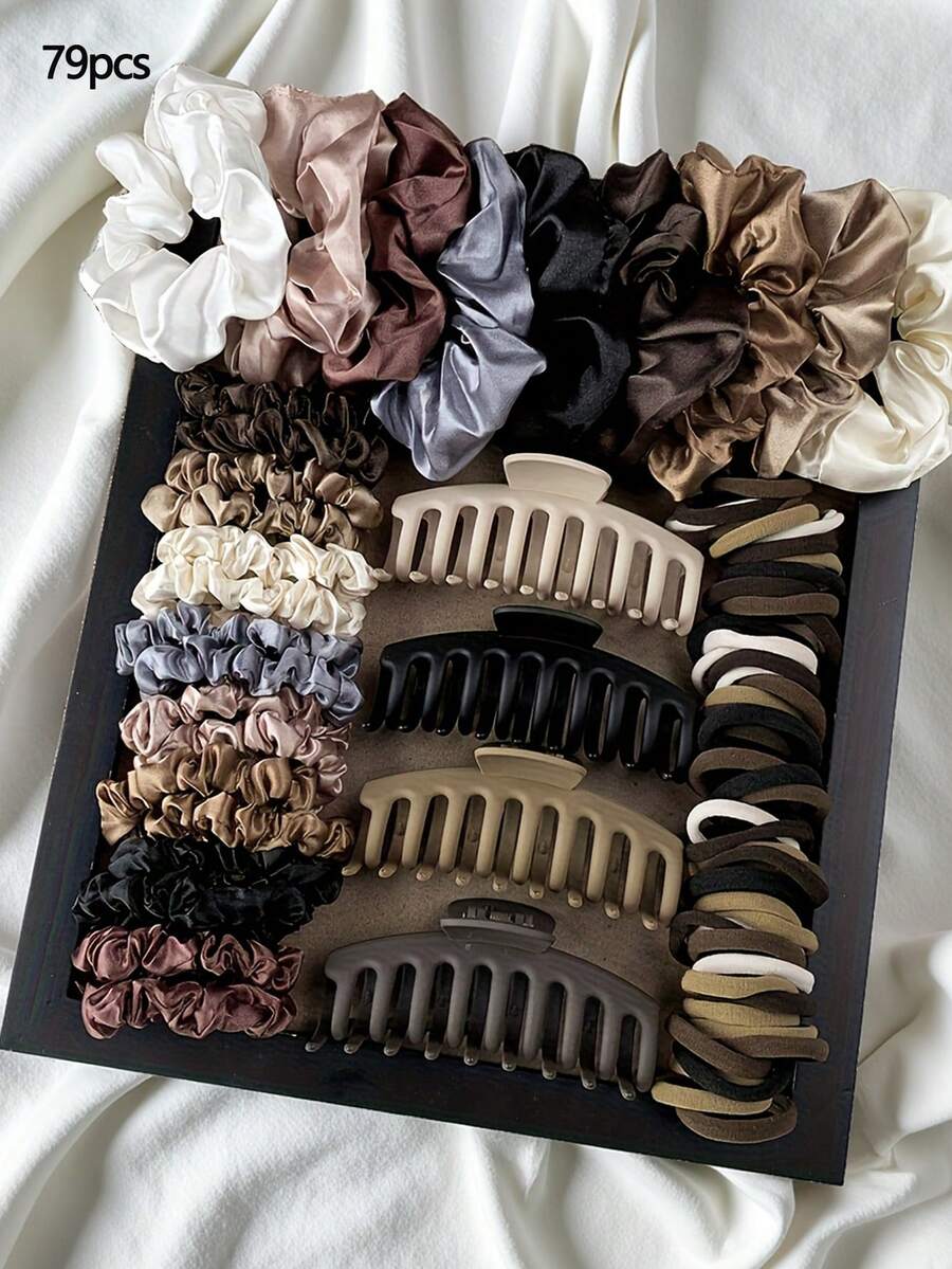 79pcs/Set Maillard Hair Accessories Set: Large Matte Claw Clips, Silk Satin Scrunchies & Seamless Elastic Ties, Versatile Earth Tone Headwear For Women - Multicolor - View 1