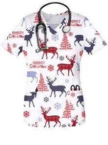 Women's Christmas Dear Print Spring & Summer V-Neck Scrub Short Sleeve Nurse Uniform Tops With Pockets For Women,Fall Clothing Oufits - White - View 1
