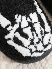1 Pair Black Halloween Plush Slippers, Punk Skeleton Finger Rock Hand Gesture Embroidered Fluffy Slip-On Slippers For Men And Women, Cozy Indoor Bedroom Floor Non-Slip Warm Thick Sole Fur Slippers, Perfect Gift For Fall & Spooky Season