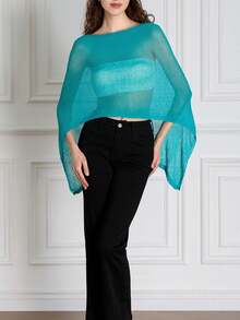 Women Knit Cover-Up, See-Through Solid Irregular Loose Pullover Summer Beach Tops - Blue - View 3